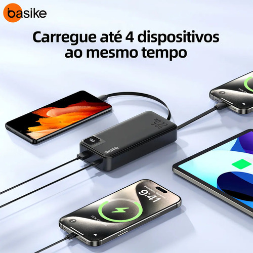 Power Bank Basike 20000mAh Preto, Carga Rápida 22.5W para iPhone e Samsung, Com Cabos Embutidos e Display