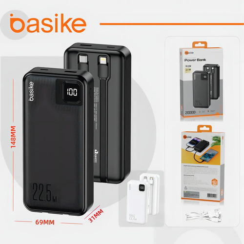 Power Bank Basike 20000mAh Preto, Carga Rápida 22.5W para iPhone e Samsung, Com Cabos Embutidos e Display