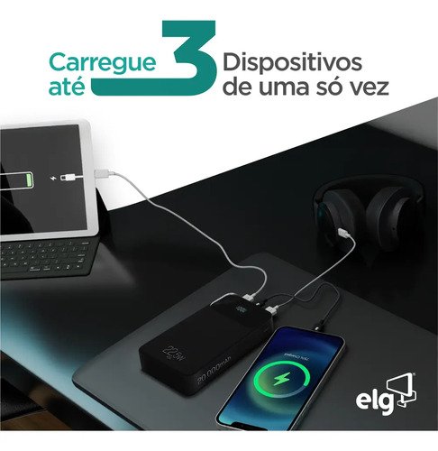 Power Bank Pro 20000mAH ELG PB200BK, Bateria Portátil Universal, Carga Rápida, Display Indicador, Entradas Micro USB e USB-C, 2 Portas USB-A, PD+QC3.0, Preto