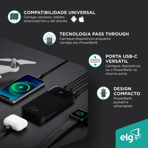 Power Bank Pro 20000mAH ELG PB200BK, Bateria Portátil Universal, Carga Rápida, Display Indicador, Entradas Micro USB e USB-C, 2 Portas USB-A, PD+QC3.0, Preto