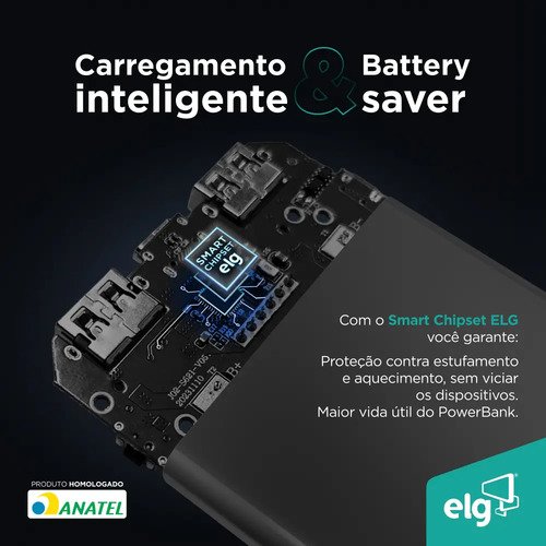 Power Bank Pro 20000mAH ELG PB200BK, Bateria Portátil Universal, Carga Rápida, Display Indicador, Entradas Micro USB e USB-C, 2 Portas USB-A, PD+QC3.0, Preto