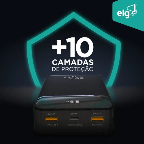 Power Bank Pro 20000mAH ELG PB200BK, Bateria Portátil Universal, Carga Rápida, Display Indicador, Entradas Micro USB e USB-C, 2 Portas USB-A, PD+QC3.0, Preto