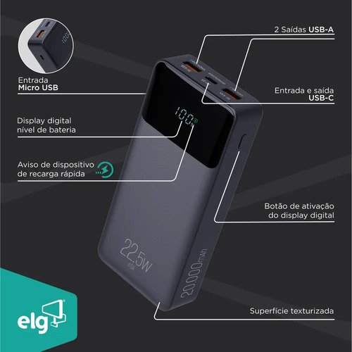 Power Bank Pro 20000mAH ELG PB200BK, Bateria Portátil Universal, Carga Rápida, Display Indicador, Entradas Micro USB e USB-C, 2 Portas USB-A, PD+QC3.0, Preto