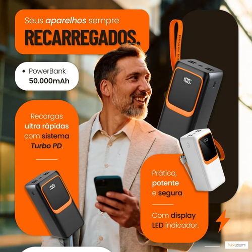 Power Bank Turbo Carregador Portatil 50.000mah Turbo 22.5w Premium Universal Rápida Carga Para Celular iPhone Xiaomi Motorola LG Smartwatch Tablet Display Digital Viagens Festa los Nixzen Branco