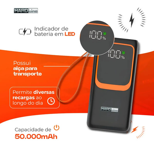 Power Bank Turbo Carregador Portátil 50.000mah Turbo 22.5w Premium Universal Rápida Carga Para Celular iPhone Xiaomi Motorola LG Smartwatch Tablet Display Digital Viagens Festa Ios Hardline Preto Ou B
