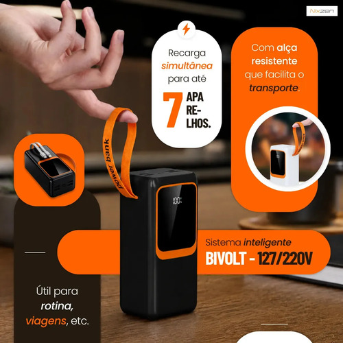 Power Bank Turbo Carregador Portatil 50.000mah Turbo 22.5w Premium Universal Rápida Carga Para Celular iPhone Xiaomi Motorola LG Smartwatch Tablet Display Digital Viagens Festa los Nixzen Branco
