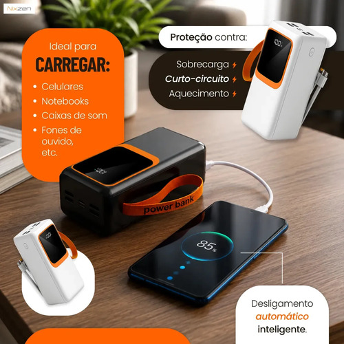 Power Bank Turbo Carregador Portatil 50.000mah Turbo 22.5w Premium Universal Rápida Carga Para Celular iPhone Xiaomi Motorola LG Smartwatch Tablet Display Digital Viagens Festa los Nixzen Branco