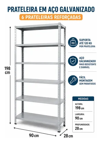 Prateleira estante aco galvanizado 6 bandejas 198x90x28cm
