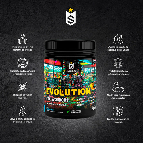 Pré-Treino Evolution Workout 300g Termogênico Sabor Blueberry Soldiers Nutrition Energia Foco Treino
