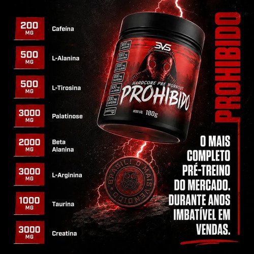 PRÉ TREINO PROHIBIDO 180g Sabor Citrus - Fórmula Avançada contendo Creatina, Beta Alanina, Taurina, L-tirosina, L-alanina, Cafeína, Arginina e Palatinose - Extra Forte