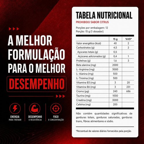 PRÉ TREINO PROHIBIDO 180g Sabor Citrus - Fórmula Avançada contendo Creatina, Beta Alanina, Taurina, L-tirosina, L-alanina, Cafeína, Arginina e Palatinose - Extra Forte