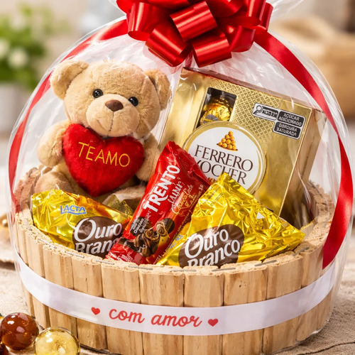 Presente dia dos namorados cesta com ursinho e chocolates 1