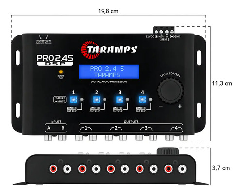 Processador de Áudio Digital Taramps Pro 2.4S para Som Automotivo com Crossover e Equalizador 15 Bandas