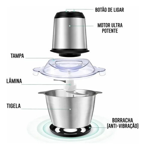 Processador Triturador Elétrico De Alimentos Inox 2 Litros