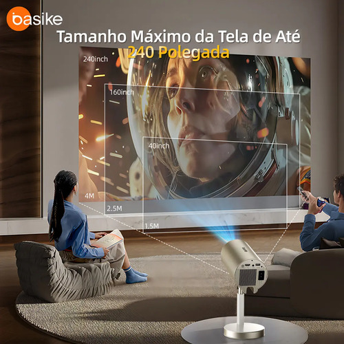 Projetor Basike Inteligente Telescópico com Wi-Fi e Bluetooth, Full HD 4K para Cinema e Jogos