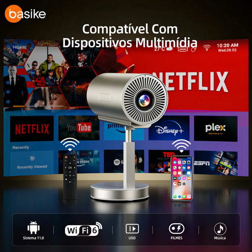 Projetor Basike Inteligente Telescópico com Wi-Fi e Bluetooth, Full HD 4K para Cinema e Jogos