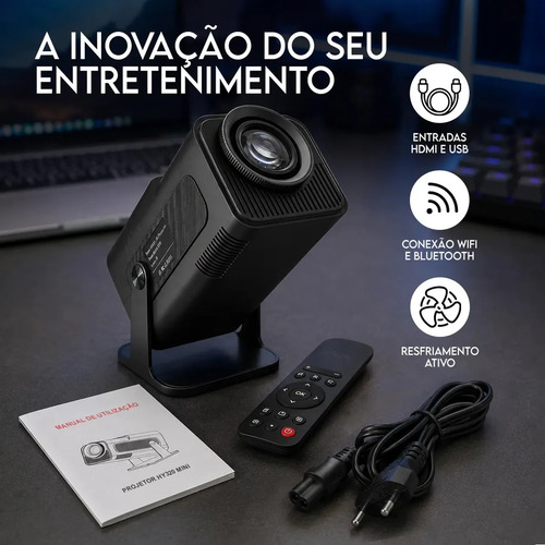 Projetor HY320 Davely Smart TV Android WiFi 6 390 ANSI Lumens Full HD Suporte 4K HDMI Bluetooth 85-200 Polegadas Alto Falante Com Controle Remoto Bivolt Portátil Mini