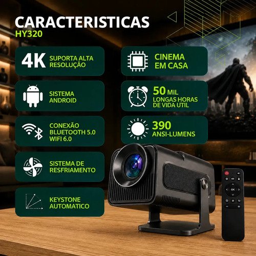 Projetor Hy320 Mini Smart TV Android WiFi 6 390 ANSI Lumens Full HD Suporte 4K HDMI Bluetooth Alto Falante Cinema Com Controle Remoto Bivolt Portátil Kateluo