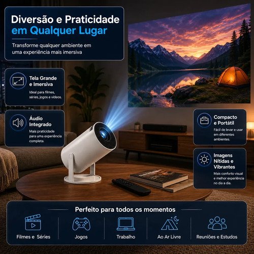 Projetor Portátil HY300 Mini 4K Compatível Android 11 Wi-Fi 5G Bluetooth Smart Portátil Rotação 180° Tela Grande para Filmes Séries Jogos Aulas e Apresentações Home Theater Cinema