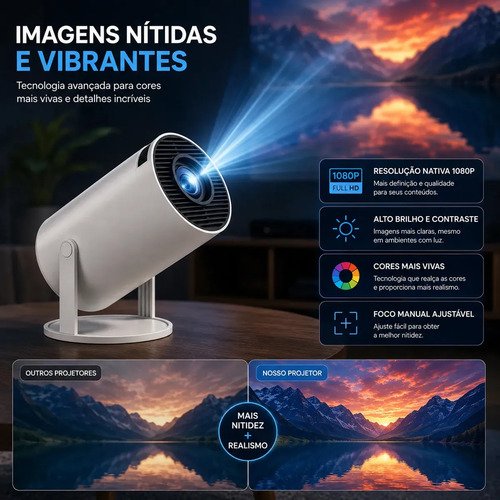 Projetor Portátil HY300 Mini 4K Compatível Android 11 Wi-Fi 5G Bluetooth Smart Portátil Rotação 180° Tela Grande para Filmes Séries Jogos Aulas e Apresentações Home Theater Cinema