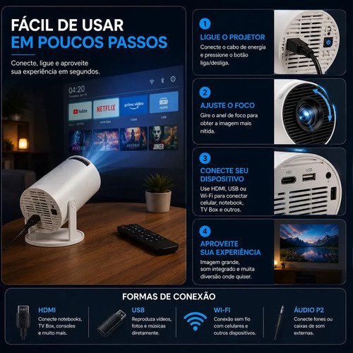 Projetor Portátil HY300 Mini 4K Compatível Android 11 Wi-Fi 5G Bluetooth Smart Portátil Rotação 180° Tela Grande para Filmes Séries Jogos Aulas e Apresentações Home Theater Cinema