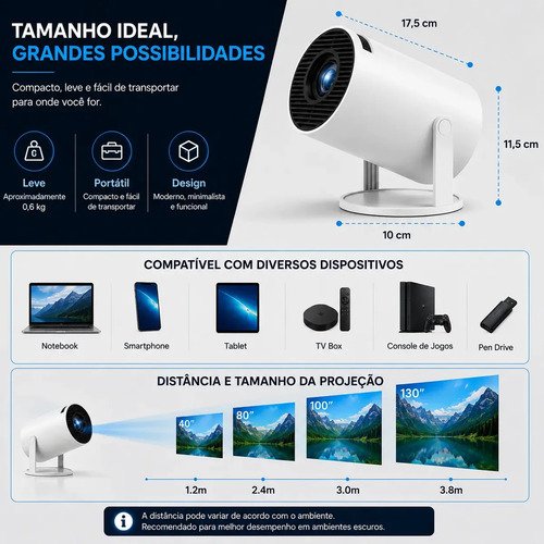 Projetor Portátil HY300 Mini 4K Compatível Android 11 Wi-Fi 5G Bluetooth Smart Portátil Rotação 180° Tela Grande para Filmes Séries Jogos Aulas e Apresentações Home Theater Cinema