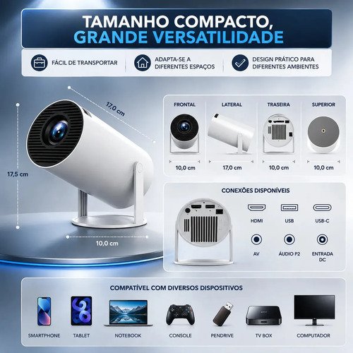 Projetor Portátil HY300 Mini 4K Compatível Android 11 Wi-Fi 5G Bluetooth Smart Portátil Rotação 180° Tela Grande para Filmes Séries Jogos Aulas e Apresentações Home Theater Cinema