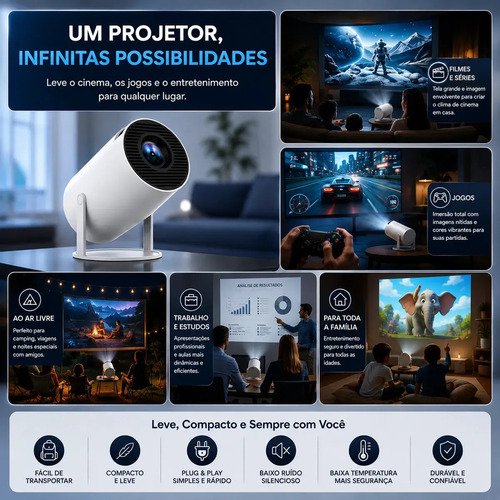Projetor Portátil HY300 Mini 4K Compatível Android 11 Wi-Fi 5G Bluetooth Smart Portátil Rotação 180° Tela Grande para Filmes Séries Jogos Aulas e Apresentações Home Theater Cinema