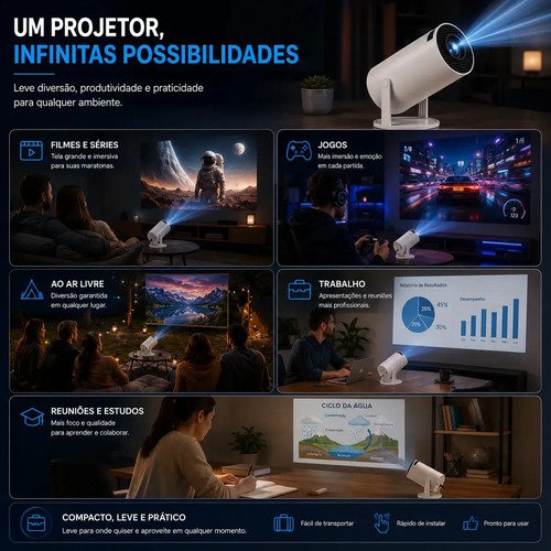 Projetor Portátil HY300 Mini 4K Compatível Android 11 Wi-Fi 5G Bluetooth Smart Portátil Rotação 180° Tela Grande para Filmes Séries Jogos Aulas e Apresentações Home Theater Cinema