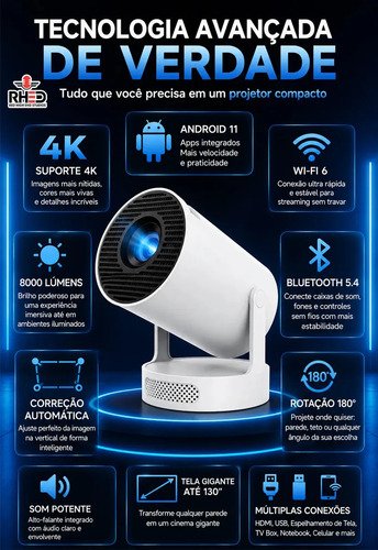 Projetor Smart Portátil Full Hd 4k Android 11 Wi-fi Bluetooth Mini Projetor Home Theater Cinema Em Casa Imagem Nítida Som Potente Compatível Com Diversos Dispositivos