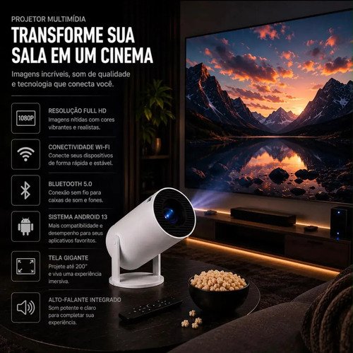 Projetor Smart Portátil Full Hd 4k Android 11 Wi-fi Bluetooth tv Mini Projetor hy300 Home Theater Cinema Em Casa Imagem Nítida Som Potente Compatível Com Diversos Dispositivos Branco LUZTUDO