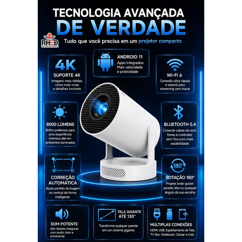 Projetor Smart Portátil Full Hd 4k Android 11 Wi-fi Bluetooth Mini Projetor Home Theater Cinema Em Casa Imagem Nítida Som Potente Compatível Com Diversos Dispositivos
