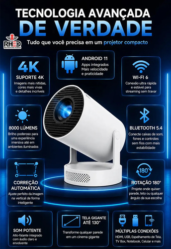 Projetor Smart Portátil Full Hd 4k Android 11 Wi-fi Bluetooth Mini Projetor Home Theater Cinema Em Casa Imagem Nítida Som Potente Compatível Com Diversos Dispositivos