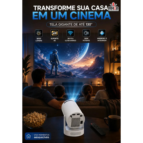 Projetor Smart Portátil Full Hd 4k Android 11 Wi-fi Bluetooth Mini Projetor Home Theater Cinema Em Casa Imagem Nítida Som Potente Compatível Com Diversos Dispositivos