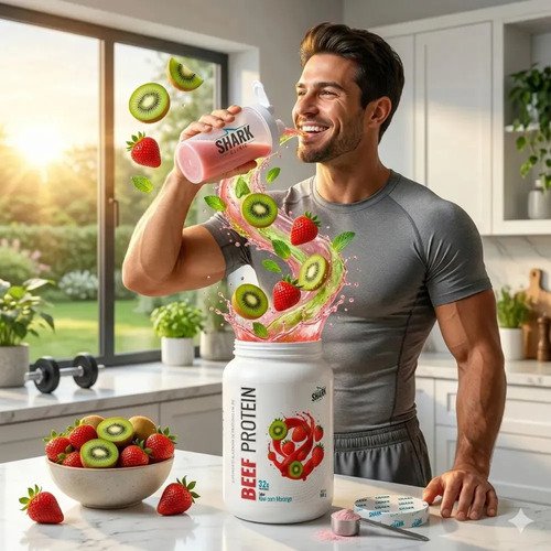 Proteína Shark Pro Beef Isolado Hidrolisado Morango Kiwi em pó x 900g