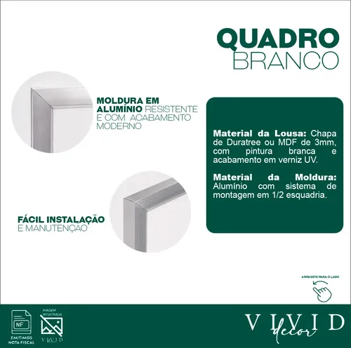Quadro Lousa Branca 120x90 Moldura Alumínio + 4 Can 1 Apg