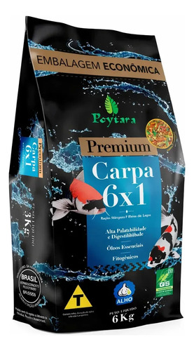 Racao carpa poytara premium 6x1 com alho sticks 6kg
