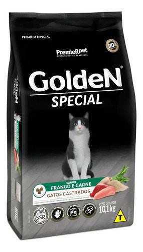 Racao golden premium especial castrado carne frango gato adu