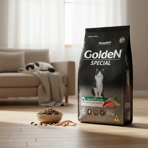 Ração Golden Premium Especial Castrado Carne Frango Gato Adulto 10,1kg
