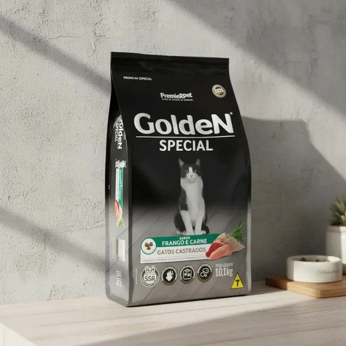 Ração Golden Premium Especial Castrado Carne Frango Gato Adulto 10,1kg