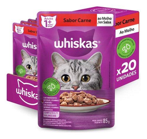Racao umida whiskas sache gato adulto carne ao molho 85g 20
