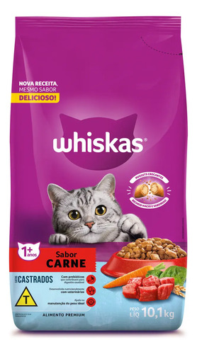 Ração Whiskas para gatos adultos castrados sabor carne 10.1kg