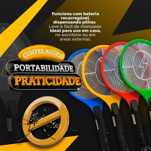 Raquete Elétrica Mata Mosquito Mosca Pernilongo Dengue Insetos Bateria Recarregavel Bivolt - Crowley