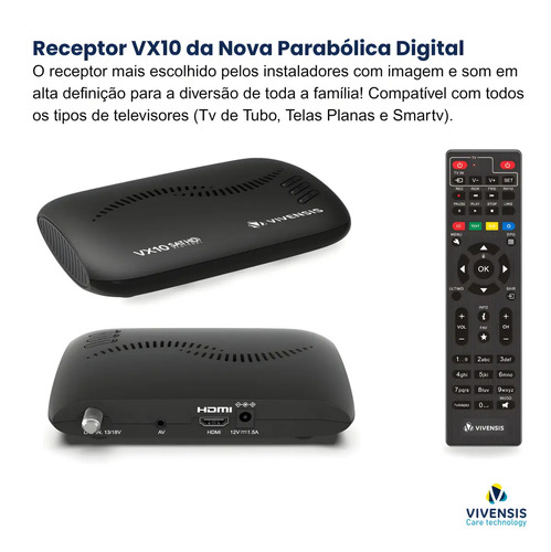 Receptor Vivensis VX10 Nova Parabolica TV Sem Mensalidade antena OI SKY Claro Vivo Cor Preto