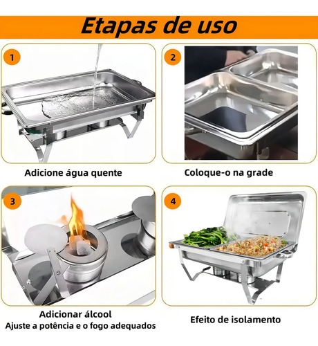 Rechaud Retangular 11 Litros Com 2 Cubas 1/2 Banho Maria Gourmet Self Service Buffet Festa