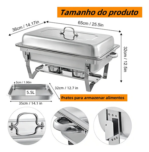 Rechaud Retangular 11 Litros Com 2 Cubas 1/2 Banho Maria Gourmet Self Service Buffet Festa