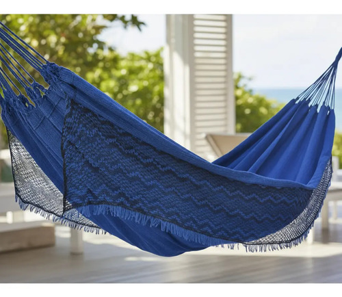 Rede Dormir Descanso Casal Tecido Algodão Resistente Jeans Cor Azul