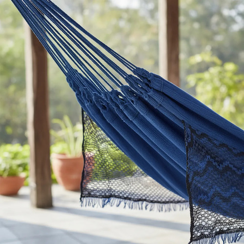 Rede Dormir Descanso Casal Tecido Algodão Resistente Jeans Cor Azul