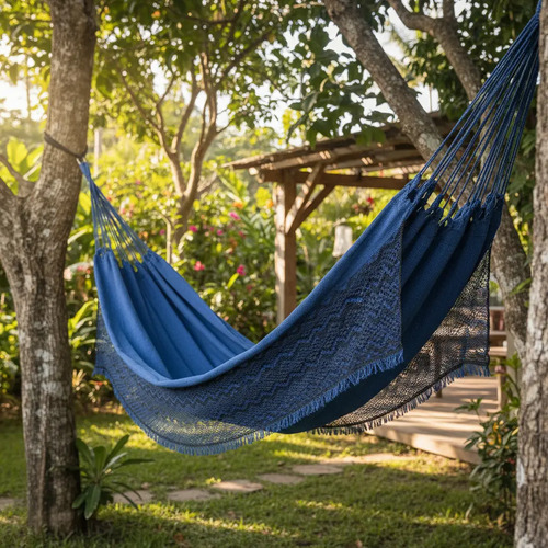 Rede Dormir Descanso Casal Tecido Algodão Resistente Jeans Cor Azul