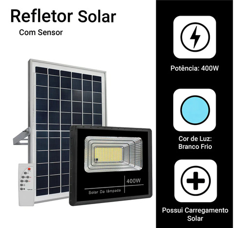 Refletor Solar 400w Placa Bateria Prova Dágua Led Holofote Carcaça Preto Luz Branco-frio